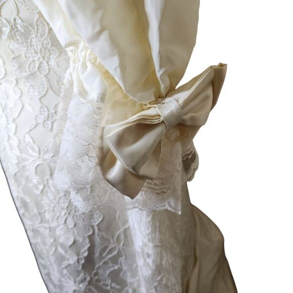 Vintage 80s Lace Wedding Dress Womens S White Bow Seed Pearls Mutton Sleeves Tru - Picture 4 of 13